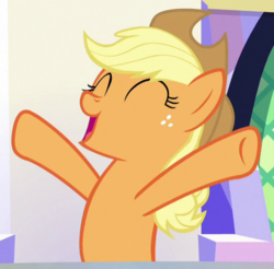 Size: 528x520 | Tagged: safe, screencap, applejack, earth pony, pony, g4, sparkle's seven, cropped, eyes closed, female, freckles, mare, open mouth, solo