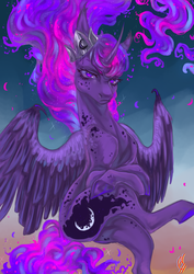 Size: 2878x4067 | Tagged: safe, artist:coconuthound, princess luna, alicorn, pony, g4, sparkle's seven, abstract background, alternate design, crossed hooves, crossed legs, crown, female, frown, hard-won helm of the sibling supreme, mare, signature, sitting, solo