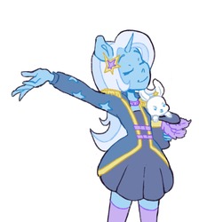 Size: 1280x1431 | Tagged: safe, artist:navy-pon, trixie, human, rabbit, equestria girls, g4, blue skin, clothes, coat, cute, diatrixes, dress, ear piercing, eared humanization, earring, epaulettes, eyes closed, female, gijinka, hair accessory, hairclip, horn, horned humanization, humanized, jewelry, magician, magician outfit, pet, piercing, ponied up, pony coloring, simple background, skirt, smiling, socks, solo, stockings, thigh highs, white background, zettai ryouiki