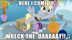 Size: 610x340 | Tagged: safe, edit, edited screencap, screencap, derpy hooves, spike, twilight sparkle, alicorn, dragon, pony, g4, the point of no return, andy kaufman, box, caption, image macro, latter, liar liar, mail, mighty mouse, school of friendship, text, twilight sparkle (alicorn), water, waterfall, winged spike, wings