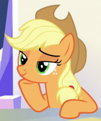 Size: 435x523 | Tagged: safe, screencap, applejack, earth pony, pony, g4, sparkle's seven, cropped, female, freckles, hoof on chin, lidded eyes, mare, raised hoof, sitting, solo