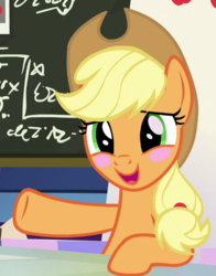 Size: 511x652 | Tagged: safe, screencap, applejack, earth pony, pony, g4, sparkle's seven, blush sticker, blushing, chalkboard, cropped, cute, female, friendship throne, hat, jackabetes, mare, open mouth, solo