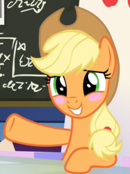 Size: 748x1001 | Tagged: safe, screencap, applejack, earth pony, pony, g4, sparkle's seven, blushing, chalkboard, cropped, female, friendship throne, hat, mare, solo