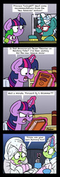 Size: 1063x3130 | Tagged: safe, artist:bobthedalek, bellflower blurb, spike, starlight glimmer, trixie, twilight sparkle, alicorn, pony, unicorn, g4, the point of no return, bathrobe, book, clothes, comic, exclamation point, female, glowing horn, hoof polish, horn, interrobang, library, magic, magic aura, mare, misspelling, mud mask, question mark, robe, starlight's room, telekinesis, towel, towel on head, twilight sparkle (alicorn)