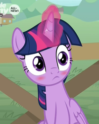 Size: 822x1029 | Tagged: safe, screencap, twilight sparkle, alicorn, pony, the point of no return, blushing, blushlight sparkle, cropped, cute, embarrassed, female, frown, glowing horn, mare, sitting, twiabetes, twilight sparkle (alicorn), wide eyes