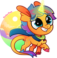 Size: 1354x1395 | Tagged: safe, artist:amberpone, oc, oc only, oc:quilling needle, pony, unicorn, big head, blue eyes, chest fluff, clothes, colorful, cute, digital art, eyes open, food, full body, glowing horn, happy, horn, lighting, looking up, magic, male, one leg raised, orange, paint tool sai, request, scarf, shading, simple background, smiling, stallion, sun, transparent background