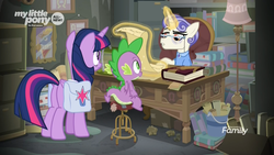 Size: 1920x1080 | Tagged: safe, screencap, first folio, spike, twilight sparkle, alicorn, dragon, pony, unicorn, g4, the point of no return, book, brooch, bucket, bust, chair, clothes, desk, discovery family logo, female, file cabinet, glasses, glowing horn, horn, lamp, magic, magic aura, mare, messy, office, painting, portrait, saddle bag, scroll, shirt, sitting, stool, telekinesis, twilight sparkle (alicorn), winged spike, wings
