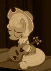 Size: 345x478 | Tagged: safe, screencap, applejack, earth pony, pony, g4, sparkle's seven, apple chord, cropped, eyes closed, female, guitar, mare, musical instrument, sitting, solo