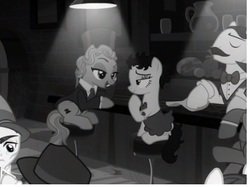 Size: 380x284 | Tagged: safe, screencap, betty hoof, marelene dietrot, earth pony, pony, g4, sparkle's seven, background pony, bartender, betty boop, bloomers, female, juice jackie, male, mare, marlene dietrich, noir, ponified, reference, stallion, unnamed character, unnamed pony