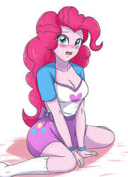 Size: 2480x3425 | Tagged: safe, artist:sumin6301, pinkie pie, equestria girls, g4, blushing, breasts, busty pinkie pie, cleavage, clothes, cute, diapinkes, female, high res, looking at you, missing shoes, open mouth, reasonably sized breasts, sitting, socks, solo