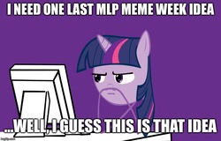 Size: 782x500 | Tagged: artist needed, safe, twilight sparkle, pony, g4, computer, focus, focused, funny, looking at monitor, meme, monitor, out of ideas, purple background, simple background, stick figure, stickmare, thinking