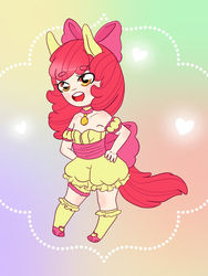 Size: 1024x1365 | Tagged: safe, artist:lemon-lark, apple bloom, human, g4, adorabloom, bare shoulders, beanbrows, bloomers, bow, clothes, cute, eared humanization, eyebrows, eyebrows visible through hair, female, hair bow, hand on hip, heart, humanized, magical girl, open mouth, socks, solo, tailed humanization, tokyo mew mew