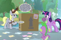 Size: 1088x704 | Tagged: safe, edit, edited screencap, editor:korora, screencap, derpy hooves, spike, twilight sparkle, alicorn, dragon, pony, g1, g4, the point of no return, arrow, box, cropped, dialogue, envelope, g1 to g4, generation leap, hat, implied crackle pop, implied fizzy, letter, mail, mailmare hat, mailpony uniform, parcel, speech bubble, tree, twilight sparkle (alicorn), waterfall, winged spike, wings
