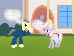 Size: 1600x1200 | Tagged: safe, artist:mightyshockwave, dusty pages, poneocchio, pony, g4, the point of no return, apartment, big nose, clothes, hat, silver stable community, suit, summer dress, sun hat