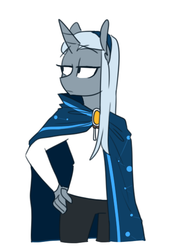 Size: 385x555 | Tagged: safe, artist:redxbacon, oc, oc only, oc:spell bound, unicorn, anthro, cloak, clothes, female, solo