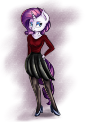 Size: 2500x3500 | Tagged: safe, artist:qbellas, rarity, unicorn, anthro, g4, clothes, female, high heels, high res, mare, pantyhose, shoes, skirt, solo, stockings, thigh highs