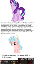 Size: 1288x2464 | Tagged: safe, cozy glow, starlight glimmer, pegasus, pony, unicorn, g4, season 5, season 8, bow, drama, female, filly, going straight to hell, going straight to tartarus, hair bow, hell, implied lord tirek, imprisoned, mare, meme, op is a duck, op is trying to start shit, simple background, spoiler, starlight drama, tartarus, white background