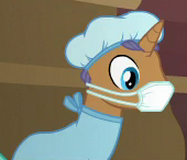 Size: 170x146 | Tagged: safe, screencap, deep study, pony, unicorn, g4, where the apple lies, background pony, clothes, cropped, face mask, hair net, male, mask, scrubs (gear), solo, stallion, surgical mask