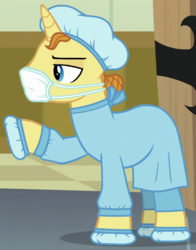 Size: 533x680 | Tagged: safe, screencap, extra care, pony, unicorn, g4, where the apple lies, background pony, clothes, cropped, doctor, face mask, hair net, male, mask, raised hoof, scrubs (gear), solo, stallion, surgical mask