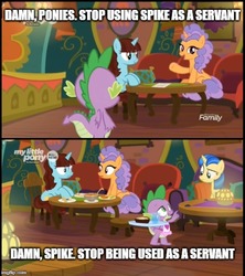 Size: 500x562 | Tagged: safe, edit, edited screencap, screencap, mystic moonlight, pretzel twist, say cheese, spike, dragon, pony, unicorn, g4, the point of no return, apron, clothes, discovery family logo, eye contact, female, food, looking at each other, mare, meme, naked apron, open mouth, pretzel, quill, the tasty treat, winged spike, wings