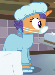 Size: 277x375 | Tagged: safe, screencap, tender care, pony, unicorn, g4, where the apple lies, background pony, clothes, cropped, face mask, female, hair net, mare, mask, scrubs (gear), solo, surgical mask