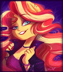 Size: 1185x1340 | Tagged: safe, artist:siliciaart, sunset shimmer, equestria girls, breasts, bust, choker, cleavage, clothes, ear fluff, ear piercing, eared humanization, female, humanized, jacket, leather jacket, looking at you, nail polish, piercing, ponied up, pony ears, portrait, solo