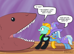 Size: 1000x733 | Tagged: safe, artist:empyu, lightning dust, trixie, pegasus, pony, quarray eel, unicorn, g4, butt touch, clothes, dialogue, duo, duo female, female, hoof on butt, imminent vore, mare, pushing, rump push, this will end in death, this will end in tears, this will end in tears and/or death, uniform, washouts uniform