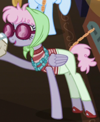 Size: 380x464 | Tagged: safe, screencap, home stretch, opulence, pacifica, pegasus, pony, g4, viva las pegasus, background pony, clothes, cropped, female, headscarf, las pegasus resident, mare, pants, raised hoof, scarf, solo focus, sunglasses