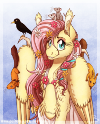 Size: 1600x1977 | Tagged: safe, artist:inuhoshi-to-darkpen, fluttershy, bird, mouse, pegasus, pony, squirrel, g4, animal, blackbird, cheek fluff, clothes, cute, cute little fangs, ear fluff, fangs, feathered fetlocks, female, flower, flower in hair, fluttershy day, looking at you, mare, raised hoof, shyabetes, sitting on wing, solo, stray strand, unshorn fetlocks, wing claws, wings