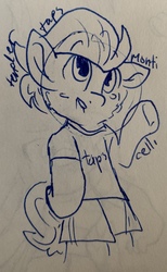 Size: 1929x3133 | Tagged: safe, artist:rainbow eevee, tender taps, pony, g4, clothes, cute, ink, lineart, male, open mouth, raised hoof, shorts, smiling, solo, traditional art