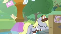 Size: 1920x1080 | Tagged: safe, screencap, derpy hooves, pegasus, pony, g4, the point of no return, box, clothes, eyes closed, female, hat, letter, mail, mailmare hat, mare, package, shirt, solo