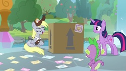Size: 1920x1080 | Tagged: safe, screencap, derpy hooves, spike, twilight sparkle, alicorn, dragon, pegasus, pony, g4, the point of no return, box, butt, female, letter, mail, male, mare, package, twilight sparkle (alicorn), winged spike, wings