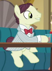 Size: 180x248 | Tagged: safe, screencap, dinner date (g4), earth pony, pony, dungeons and discords, g4, season 6, background pony, bowtie, clothes, cropped, cuffs (clothes), male, pinstripes, sitting, solo, stallion, suit
