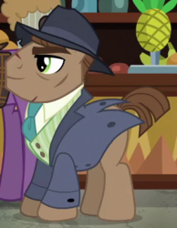 Size: 300x387 | Tagged: safe, screencap, tony cannon, earth pony, pony, dungeons and discords, g4, season 6, background pony, burly, clothes, cropped, fedora, hat, male, necktie, pinstripes, scar, solo focus, stallion, suit, tailcoat, vest