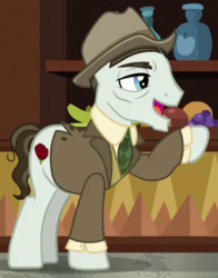 Size: 340x434 | Tagged: safe, screencap, earth pony, pony, dungeons and discords, g4, season 6, background pony, clothes, cropped, cuffs (clothes), elderly, fedora, flint carnation, hat, male, necktie, open mouth, raised hoof, solo, stallion, suit, vest