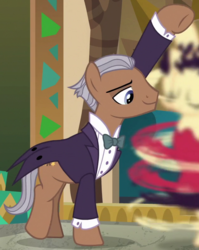 Size: 636x800 | Tagged: safe, screencap, betty hoof, gallant starpalm, earth pony, pony, dungeons and discords, g4, season 6, background pony, bowtie, clothes, cropped, raised hoof, solo focus, suit, tailcoat, tuxedo