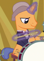 Size: 326x446 | Tagged: safe, screencap, pony, unicorn, dungeons and discords, g4, season 6, background pony, bowtie, cropped, drums, glowing horn, gold rhythm, hat, horn, magic, magic aura, male, musical instrument, solo, stallion, telekinesis