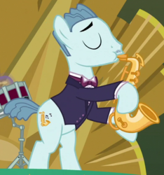 Size: 532x569 | Tagged: safe, screencap, earth pony, pony, dungeons and discords, g4, season 6, background pony, bipedal, clothes, cropped, drums, eyes closed, male, musical instrument, playing instrument, saxophone, shirt, solo, stallion, unnamed character, unnamed pony