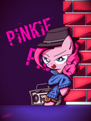 Size: 768x1024 | Tagged: safe, artist:therandomjoyrider, pinkie pie, earth pony, pony, g4, testing testing 1-2-3, brick wall, clothes, cute, diapinkes, female, hat, lidded eyes, open mouth, radio, rapper pie, signature, simple background, solo, watch
