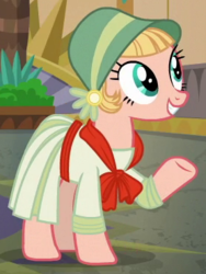 Size: 278x370 | Tagged: safe, screencap, earth pony, pony, dungeons and discords, g4, season 6, background pony, clothes, cropped, dress, female, flapper, hat, mare, raised hoof, solo, unnamed character, unnamed pony