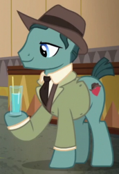 Size: 305x444 | Tagged: safe, screencap, earth pony, pony, dungeons and discords, g4, background pony, clothes, cropped, drinking glass, fedoraheart, hat, hoof hold, male, solo, stallion, suit