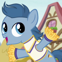 Size: 705x715 | Tagged: safe, screencap, perky prep, earth pony, pony, g4, the cart before the ponies, background pony, cheerleader, cheerleader outfit, colt, cropped, foal, male, open mouth, pom pom, solo