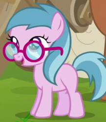 Size: 300x345 | Tagged: safe, screencap, blue lily, meadow song, earth pony, pony, g4, the cart before the ponies, background pony, cropped, female, filly, foal, glasses, solo focus