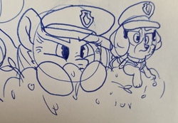 Size: 1961x1358 | Tagged: safe, artist:rainbow eevee, pinkie pie, dog, g4, angry, bush, crossover, hiding, hooves, lineart, paw patrol, paw patrol:ultimate rescue, pencil drawing, pinkamena diane pie, puppy, skye (paw patrol), spies, spy, spying, traditional art, wat