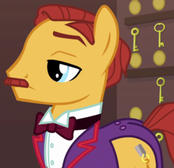 Size: 1120x1080 | Tagged: safe, screencap, keykeeper concierge, earth pony, pony, g4, stranger than fan fiction, background pony, clothes, concierge, cropped, facial hair, gustave h, male, moustache, solo, stallion, suit