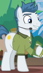 Size: 484x830 | Tagged: safe, screencap, spotlight show, earth pony, pony, g4, stranger than fan fiction, background pony, clothes, cropped, dexterous hooves, hoof hold, male, salespony, shirt, solo, stallion