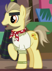 Size: 312x425 | Tagged: safe, screencap, doctor caballeron, earth pony, pony, g4, stranger than fan fiction, ancient artifact, background pony, clothes, cosplay, costume, cropped, male, raised hoof, solo, stallion, stubble, thick eyebrows