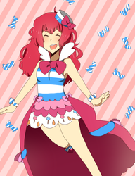 Size: 503x655 | Tagged: safe, artist:tsumamori, pinkie pie, human, g4, bow, candy, clothes, cute, diapinkes, dress, eyes closed, female, food, gala dress, hat, humanized, open mouth, solo