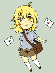 Size: 300x400 | Tagged: safe, artist:tsumamori, derpy hooves, human, g4, chibi, cute, derpabetes, envelope, female, full body, gray background, humanized, letter, satchel, simple background, solo