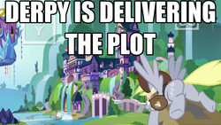 Size: 1024x576 | Tagged: safe, edit, edited screencap, screencap, derpy hooves, pegasus, pony, g4, the point of no return, arrow, box, bubble butt, butt, caption, female, image macro, joke, mailmare, meme, plot, pun, school of friendship, solo, text, this side up, waterfall